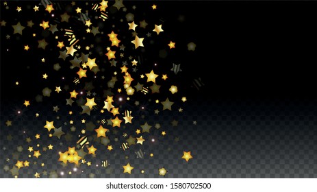 Vector Illustration with Gold Stars on Black Transparent Background. Magic Night. Cosmic Pattern. Stars Confetti. Flying Stardust.  Cosmic Shiny Child Design. Luxury Golden Starry Design. Premium.