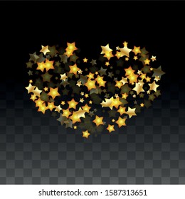 Vector Illustration with Gold Stars on Black Transparent Background. Magic Night. Cosmic Pattern. Stars Confetti. Flying Stardust.  Cosmic Shiny Child Design. Luxury Golden Starry Design. Premium.