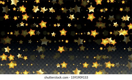 Vector Illustration with Gold Stars on Black Transparent Background. Magic Night. Cosmic Pattern. Stars Confetti. Flying Stardust.  Cosmic Shiny Child Design. Luxury Golden Starry Design. Premium.