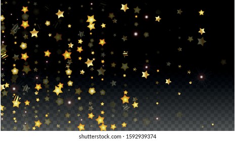 Vector Illustration with Gold Stars on Black Transparent Background. Magic Night. Cosmic Pattern. Stars Confetti. Flying Stardust.  Cosmic Shiny Child Design. Luxury Golden Starry Design. Premium.