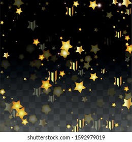 Vector Illustration with Gold Stars on Black Transparent Background. Magic Night. Cosmic Pattern. Stars Confetti. Flying Stardust.  Cosmic Shiny Child Design. Luxury Golden Starry Design. Premium.