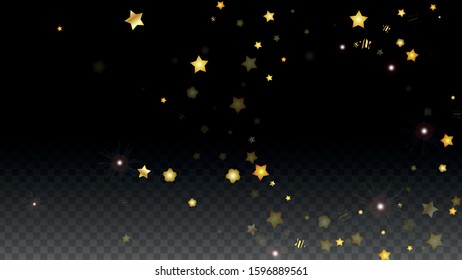 Vector Illustration with Gold Stars on Black Transparent Background. Magic Night. Cosmic Pattern. Stars Confetti. Flying Stardust.  Cosmic Shiny Child Design. Luxury Golden Starry Design. Premium.