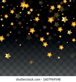 Vector Illustration with Gold Stars on Black Transparent Background. Magic Night. Cosmic Pattern. Stars Confetti. Flying Stardust.  Cosmic Shiny Child Design. Luxury Golden Starry Design. Premium.