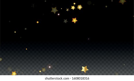 Vector Illustration with Gold Stars on Black Transparent Background. Magic Night. Cosmic Pattern. Stars Confetti. Flying Stardust.  Cosmic Shiny Child Design. Luxury Golden Starry Design. Premium.