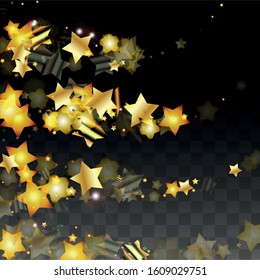 Vector Illustration with Gold Stars on Black Transparent Background. Magic Night. Cosmic Pattern. Stars Confetti. Flying Stardust.  Cosmic Shiny Child Design. Luxury Golden Starry Design. Premium.