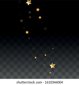 Vector Illustration with Gold Stars on Black Transparent Background. Magic Night. Cosmic Pattern. Stars Confetti. Flying Stardust.  Cosmic Shiny Child Design. Luxury Golden Starry Design. Premium.