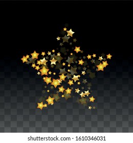 Vector Illustration with Gold Stars on Black Transparent Background. Magic Night. Cosmic Pattern. Stars Confetti. Flying Stardust.  Cosmic Shiny Child Design. Luxury Golden Starry Design. Premium.