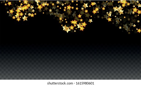 Vector Illustration with Gold Stars on Black Transparent Background. Magic Night. Cosmic Pattern. Stars Confetti. Flying Stardust.  Cosmic Shiny Child Design. Luxury Golden Starry Design. Premium.