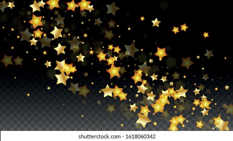 Vector Illustration with Gold Stars on Black Transparent Background. Magic Night. Cosmic Pattern. Stars Confetti. Flying Stardust.  Cosmic Shiny Child Design. Luxury Golden Starry Design. Premium.
