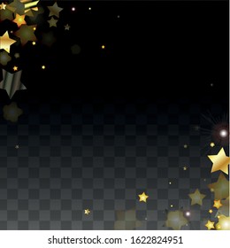 Vector Illustration with Gold Stars on Black Transparent Background. Magic Night. Cosmic Pattern. Stars Confetti. Flying Stardust.  Cosmic Shiny Child Design. Luxury Golden Starry Design. Premium.