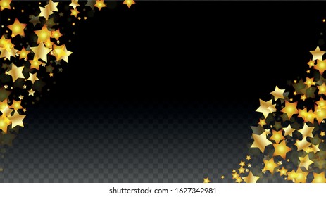 Vector Illustration with Gold Stars on Black Transparent Background. Magic Night. Cosmic Pattern. Stars Confetti. Flying Stardust.  Cosmic Shiny Child Design. Luxury Golden Starry Design. Premium.