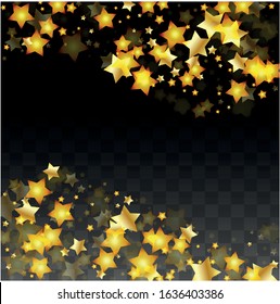 Vector Illustration with Gold Stars on Black Transparent Background. Magic Night. Cosmic Pattern. Stars Confetti. Flying Stardust.  Cosmic Shiny Child Design. Luxury Golden Starry Design. Premium.