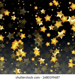 Vector Illustration with Gold Stars on Black Transparent Background. Magic Night. Cosmic Pattern. Stars Confetti. Flying Stardust.  Cosmic Shiny Child Design. Luxury Golden Starry Design. Premium.