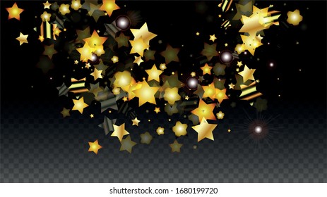 Vektorillustration-Illustration mit goldenen Sternen auf schwarz-transparentem Hintergrund. Magische Nacht. Kosmisches Muster.Sterne Confetti. Flying Stardust.  Cosmic Shiny Child Design. Luxus Golden Sterne Design. Premium.