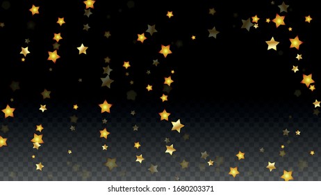Vector Illustration with Gold Stars on Black Transparent Background. Magic Night. Cosmic Pattern. Stars Confetti. Flying Stardust.  Cosmic Shiny Child Design. Luxury Golden Starry Design. Premium.
