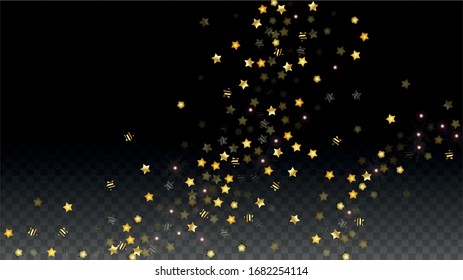Vector Illustration with Gold Stars on Black Transparent Background. Magic Night. Cosmic Pattern. Stars Confetti. Flying Stardust.  Cosmic Shiny Child Design. Luxury Golden Starry Design. Premium.