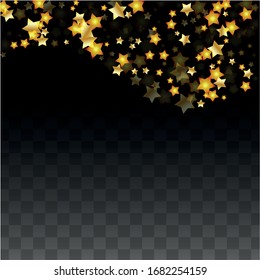 Vector Illustration with Gold Stars on Black Transparent Background. Magic Night. Cosmic Pattern. Stars Confetti. Flying Stardust.  Cosmic Shiny Child Design. Luxury Golden Starry Design. Premium.