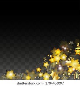 Vector Illustration with Gold Stars on Black Transparent Background. Magic Night. Cosmic Pattern. Stars Confetti. Flying Stardust.  Cosmic Shiny Child Design. Luxury Golden Starry Design. Premium.