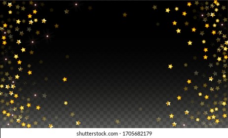 Vector Illustration with Gold Stars on Black Transparent Background. Magic Night. Cosmic Pattern. Stars Confetti. Flying Stardust.  Cosmic Shiny Child Design. Luxury Golden Starry Design. Premium.