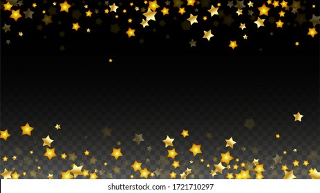 Vector Illustration with Gold Stars on Black Transparent Background. Magic Night. Cosmic Pattern. Stars Confetti. Flying Stardust.  Cosmic Shiny Child Design. Luxury Golden Starry Design. Premium.