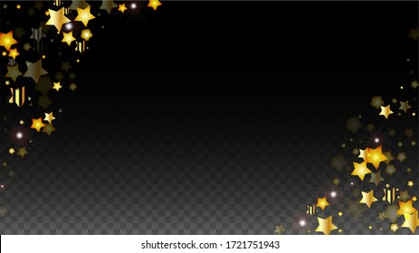 Vector Illustration with Gold Stars on Black Transparent Background. Magic Night. Cosmic Pattern. Stars Confetti. Flying Stardust.  Cosmic Shiny Child Design. Luxury Golden Starry Design. Premium.