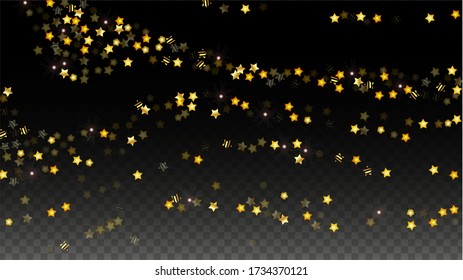 Vector Illustration with Gold Stars on Black Transparent Background. Magic Night. Cosmic Pattern. Stars Confetti. Flying Stardust.  Cosmic Shiny Child Design. Luxury Golden Starry Design. Premium.