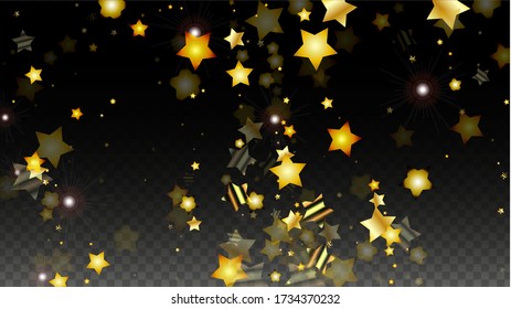 Vector Illustration with Gold Stars on Black Transparent Background. Magic Night. Cosmic Pattern. Stars Confetti. Flying Stardust.  Cosmic Shiny Child Design. Luxury Golden Starry Design. Premium.