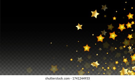 Vector Illustration with Gold Stars on Black Transparent Background. Magic Night. Cosmic Pattern. Stars Confetti. Flying Stardust.  Cosmic Shiny Child Design. Luxury Golden Starry Design. Premium.