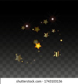 Vector Illustration with Gold Stars on Black Transparent Background. Magic Night. Cosmic Pattern. Stars Confetti. Flying Stardust.  Cosmic Shiny Child Design. Luxury Golden Starry Design. Premium.