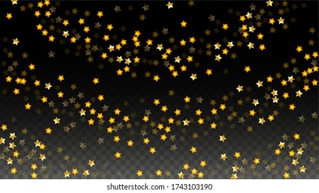 Vector Illustration with Gold Stars on Black Transparent Background. Magic Night. Cosmic Pattern. Stars Confetti. Flying Stardust.  Cosmic Shiny Child Design. Luxury Golden Starry Design. Premium.