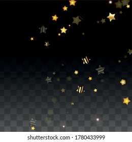 Vector Illustration with Gold Stars on Black Transparent Background. Magic Night. Cosmic Pattern. Stars Confetti. Flying Stardust.  Cosmic Shiny Child Design. Luxury Golden Starry Design. Premium.