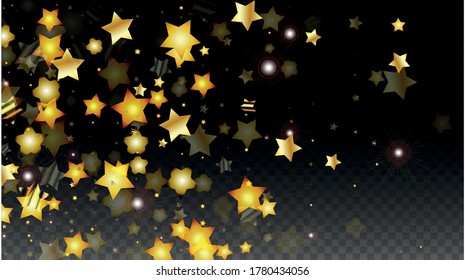 Vector Illustration with Gold Stars on Black Transparent Background. Magic Night. Cosmic Pattern. Stars Confetti. Flying Stardust.  Cosmic Shiny Child Design. Luxury Golden Starry Design. Premium.