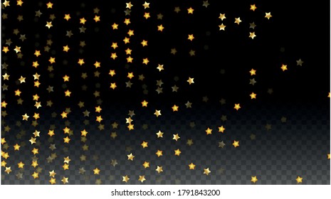 Vector Illustration with Gold Stars on Black Transparent Background. Magic Night. Cosmic Pattern. Stars Confetti. Flying Stardust.  Cosmic Shiny Child Design. Luxury Golden Starry Design. Premium.
