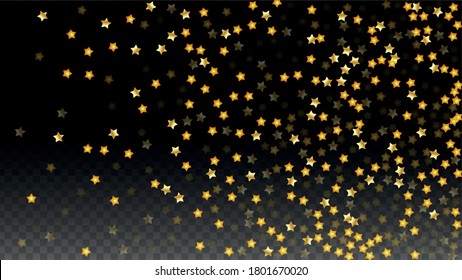 Vector Illustration with Gold Stars on Black Transparent Background. Magic Night. Cosmic Pattern. Stars Confetti. Flying Stardust.  Cosmic Shiny Child Design. Luxury Golden Starry Design. Premium.