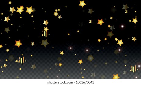 Vector Illustration with Gold Stars on Black Transparent Background. Magic Night. Cosmic Pattern. Stars Confetti. Flying Stardust.  Cosmic Shiny Child Design. Luxury Golden Starry Design. Premium.