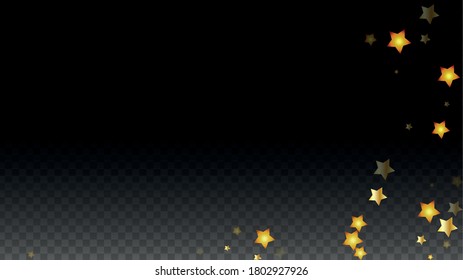 Vector Illustration with Gold Stars on Black Transparent Background. Magic Night. Cosmic Pattern. Stars Confetti. Flying Stardust.  Cosmic Shiny Child Design. Luxury Golden Starry Design. Premium.