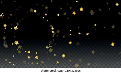 Vector Illustration with Gold Stars on Black Transparent Background. Magic Night. Cosmic Pattern. Stars Confetti. Flying Stardust.  Cosmic Shiny Child Design. Luxury Golden Starry Design. Premium.