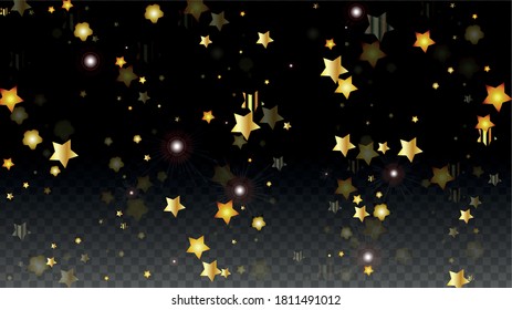 Vector Illustration with Gold Stars on Black Transparent Background. Magic Night. Cosmic Pattern. Stars Confetti. Flying Stardust.  Cosmic Shiny Child Design. Luxury Golden Starry Design. Premium.
