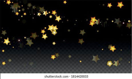 Vector Illustration with Gold Stars on Black Transparent Background. Magic Night. Cosmic Pattern. Stars Confetti. Flying Stardust.  Cosmic Shiny Child Design. Luxury Golden Starry Design. Premium.