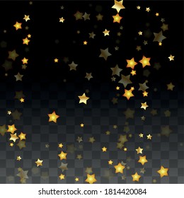 Vector Illustration with Gold Stars on Black Transparent Background. Magic Night. Cosmic Pattern. Stars Confetti. Flying Stardust.  Cosmic Shiny Child Design. Luxury Golden Starry Design. Premium.