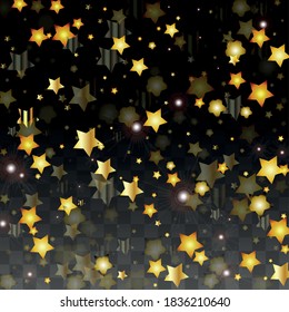 Vector Illustration with Gold Stars on Black Transparent Background. Magic Night. Cosmic Pattern. Stars Confetti. Flying Stardust.  Cosmic Shiny Child Design. Luxury Golden Starry Design. Premium.