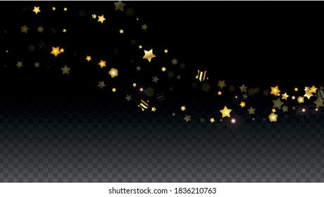 Vector Illustration with Gold Stars on Black Transparent Background. Magic Night. Cosmic Pattern. Stars Confetti. Flying Stardust.  Cosmic Shiny Child Design. Luxury Golden Starry Design. Premium.