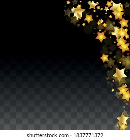 Vector Illustration with Gold Stars on Black Transparent Background. Magic Night. Cosmic Pattern. Stars Confetti. Flying Stardust.  Cosmic Shiny Child Design. Luxury Golden Starry Design. Premium.