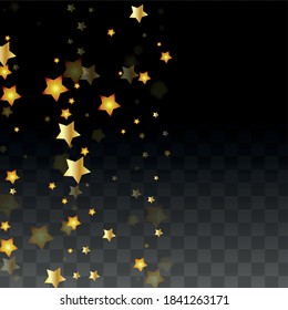 Vector Illustration with Gold Stars on Black Transparent Background. Magic Night. Cosmic Pattern. Stars Confetti. Flying Stardust.  Cosmic Shiny Child Design. Luxury Golden Starry Design. Premium.