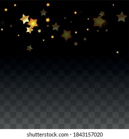 Vector Illustration with Gold Stars on Black Transparent Background. Magic Night. Cosmic Pattern. Stars Confetti. Flying Stardust.  Cosmic Shiny Child Design. Luxury Golden Starry Design. Premium.
