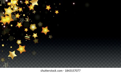 Vector Illustration with Gold Stars on Black Transparent Background. Magic Night. Cosmic Pattern. Stars Confetti. Flying Stardust.  Cosmic Shiny Child Design. Luxury Golden Starry Design. Premium.