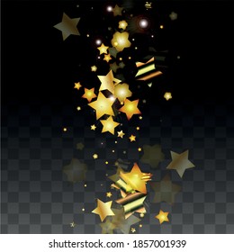 Vector Illustration with Gold Stars on Black Transparent Background. Magic Night. Cosmic Pattern. Stars Confetti. Flying Stardust.  Cosmic Shiny Child Design. Luxury Golden Starry Design. Premium.