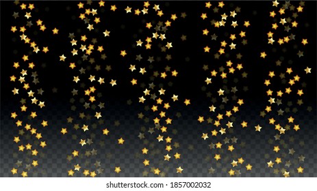 Vector Illustration with Gold Stars on Black Transparent Background. Magic Night. Cosmic Pattern. Stars Confetti. Flying Stardust.  Cosmic Shiny Child Design. Luxury Golden Starry Design. Premium.