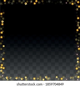 Vector Illustration with Gold Stars on Black Transparent Background. Magic Night. Cosmic Pattern. Stars Confetti. Flying Stardust.  Cosmic Shiny Child Design. Luxury Golden Starry Design. Premium.