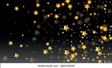 Vector Illustration with Gold Stars on Black Transparent Background. Magic Night. Cosmic Pattern. Stars Confetti. Flying Stardust.  Cosmic Shiny Child Design. Luxury Golden Starry Design. Premium.